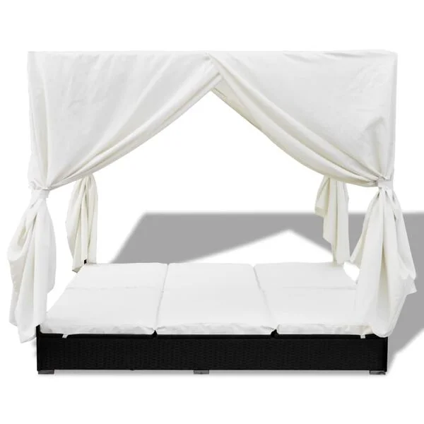 vidaXL Chaise longue d'extérieur avec rideaux Résine tressée Noir