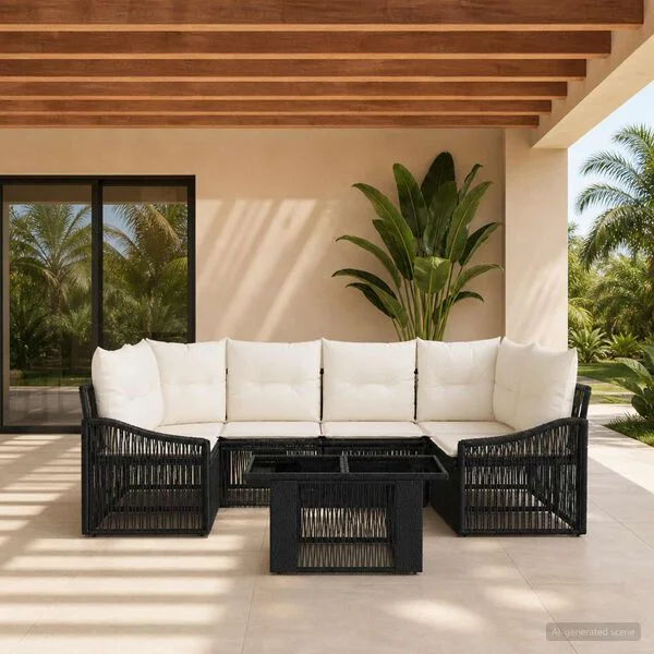 vidaXL Ensemble de canapé de jardin 7 pc Noir et blanc crème polyrotin