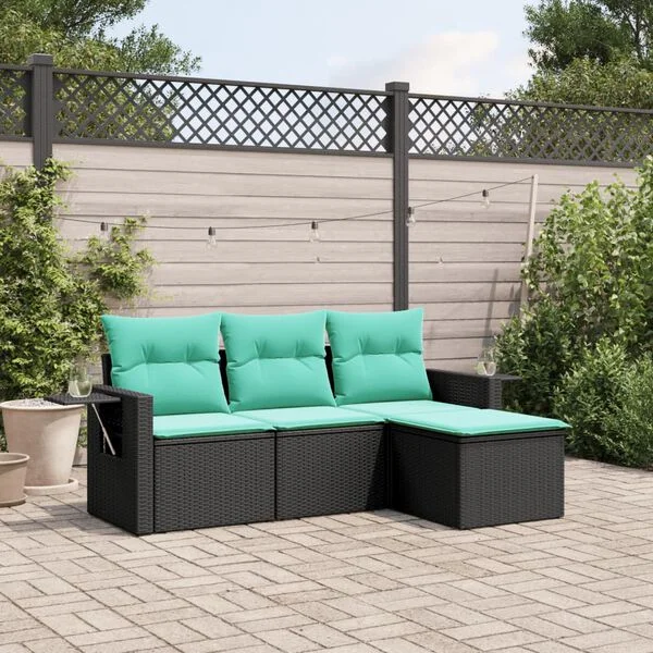 vidaXL Salon de jardin 4 pcs avec coussins noir résine tressée