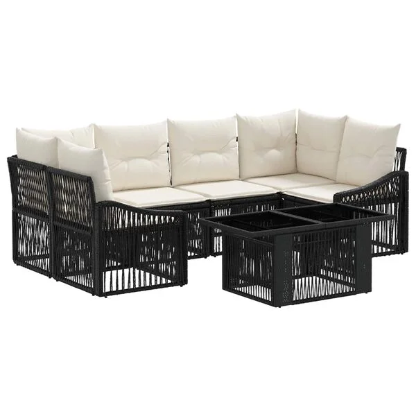 vidaXL Ensemble de canapé de jardin 7 pc Noir et blanc crème polyrotin