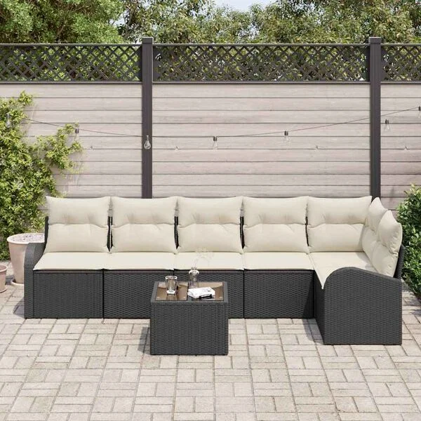vidaXL Ensemble de canapé de jardin 7 pc Noir et Blanc polyrotin