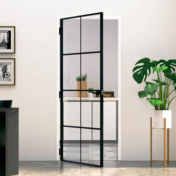 vidaXL Porte d'intérieur Noir 83x201, 5 cm Trempé verre aluminium fin