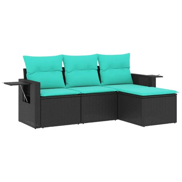 vidaXL Salon de jardin 4 pcs avec coussins noir résine tressée