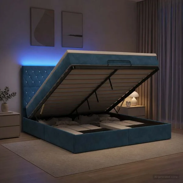 vidaXL Lit coffre avec matelas et LED Bleu foncé 180 x 200 cm Velours