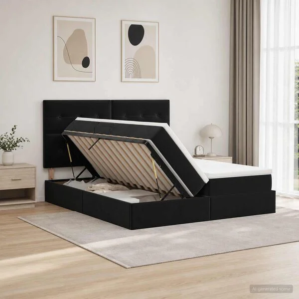 vidaXL Lit de rangement LED avec matelas Noir 200 x 200 cm Velours